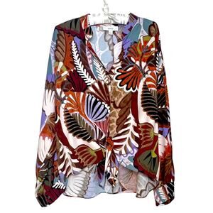 CeCe Blouse Size L Button-Up Tie Front High Low Botanical Leaf Print Split Neck